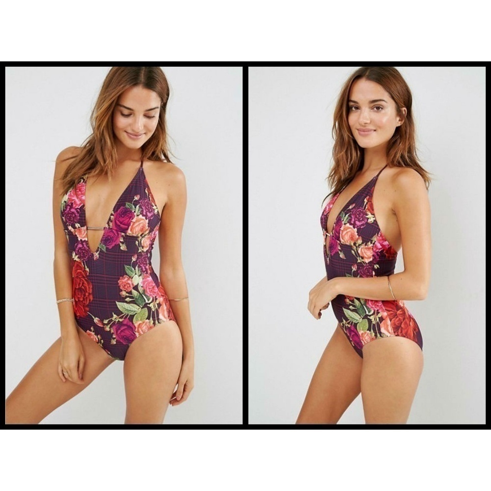 💕TED BAKER💕 Jusia Juxtapose Rose Halter One Piece Swimsuit ~ Floral US 6 NWT